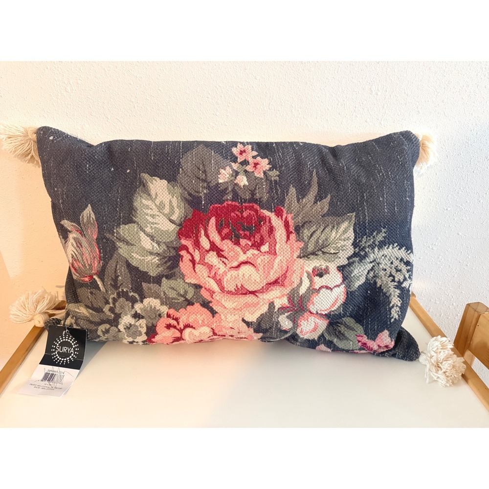 Surya 14 x 22 in. Daphne‎ Hand Woven Throw Pillow Rose Floral Tassels